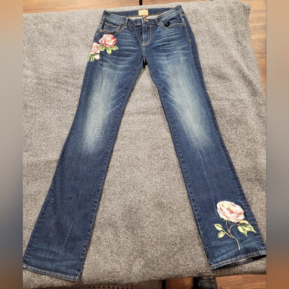 DRIFTWOOD Dark Blue Straight-Leg Jeans with Pink Rose Embroidery